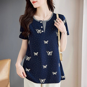 t恤女装 妈妈体恤衫 夏季 短袖 新款 时尚 大码 胖mm宽松遮肉女士上衣服