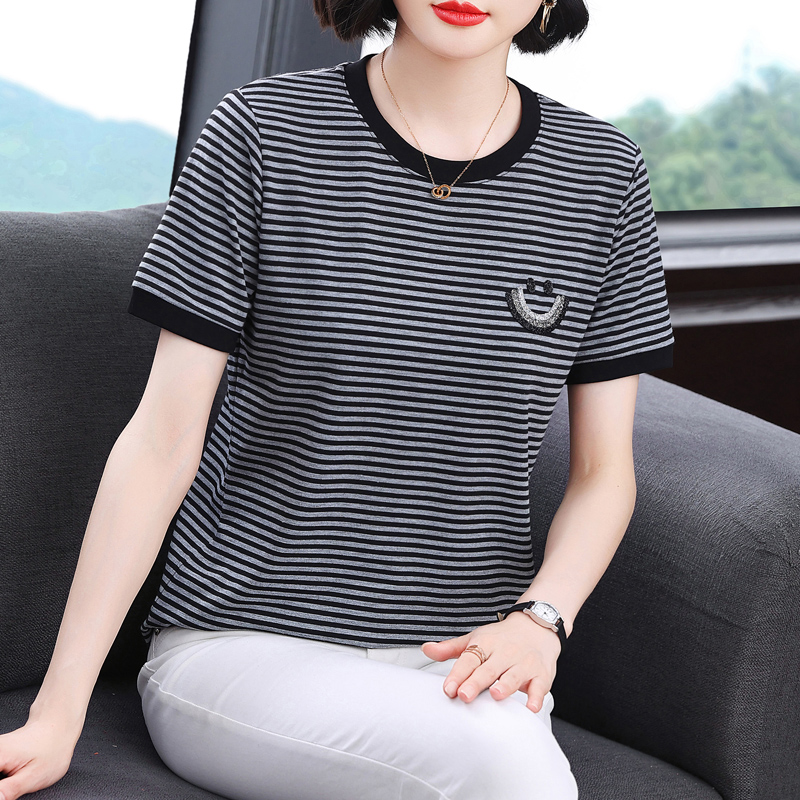 纯棉短袖t恤女装2025夏季新款条纹妈妈体恤衫大码胖mm宽松上衣服