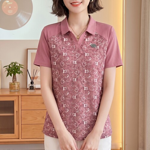 正肩短袖t恤女装夏季新款翻领妈妈体恤衫大码胖mm宽松女士上衣服