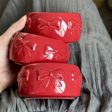 蝴蝶结可爱陶瓷小碗布丁红色爱心粉色新婚小礼物空气炸锅微波炉用