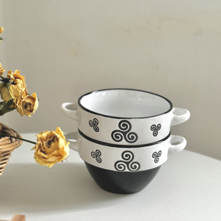 北欧陶瓷带双耳手把实用700毫升家用防烫早餐喝粥喝汤的碗微瑕