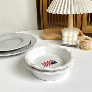 东东馨园【外贸尾货】花波边陶瓷釉下彩盘子米国小沙拉白色餐盘