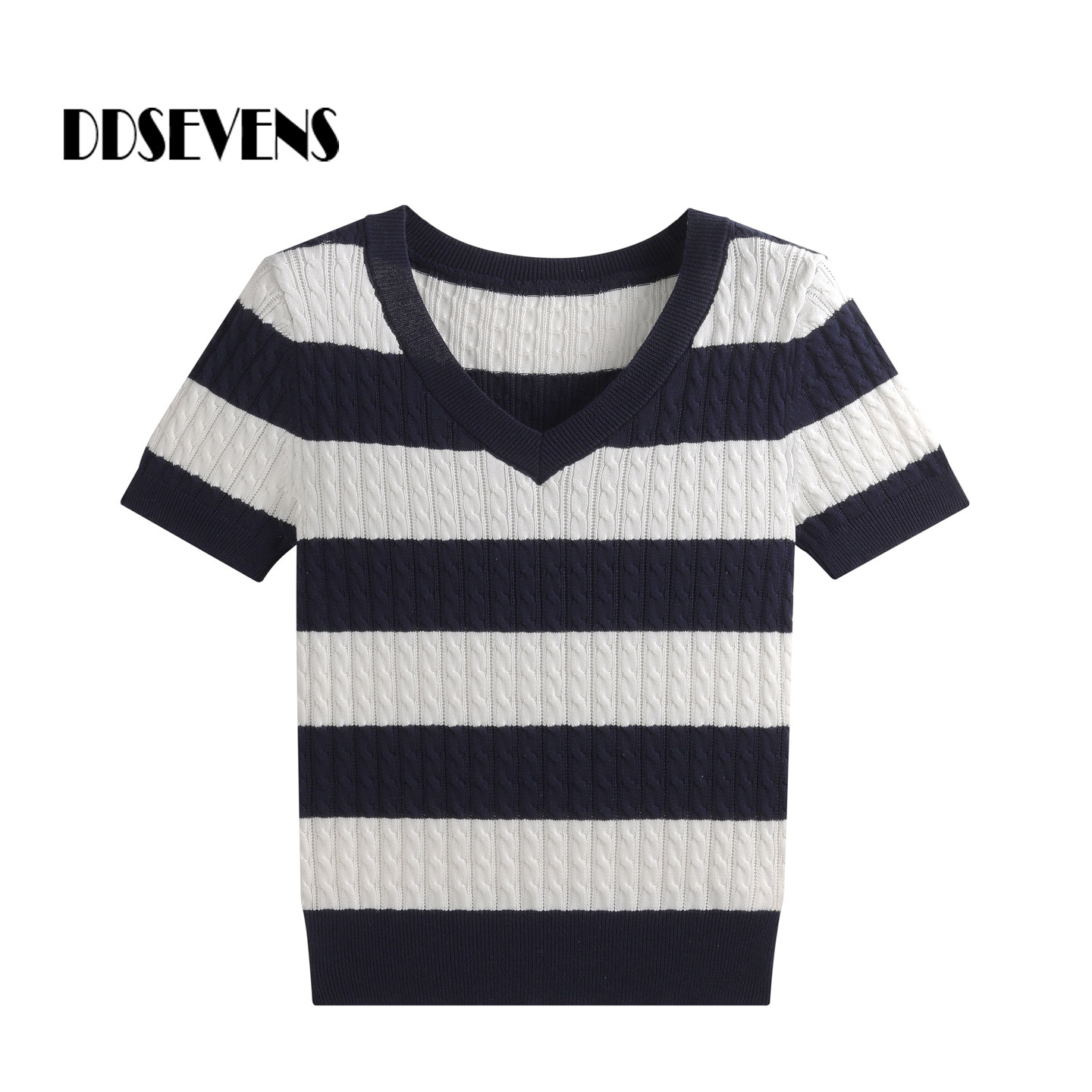 100%棉针织t恤女夏季短款复古条纹V领短袖修身显瘦麻花百搭薄上衣