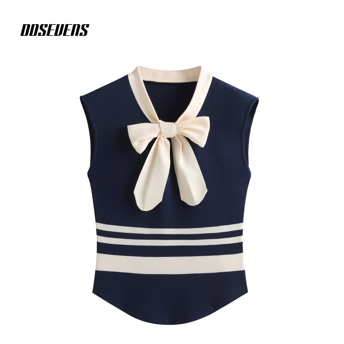 设计感V领蝴蝶结冰丝无袖针织衫女藏青色条纹气质修身短款t恤上衣