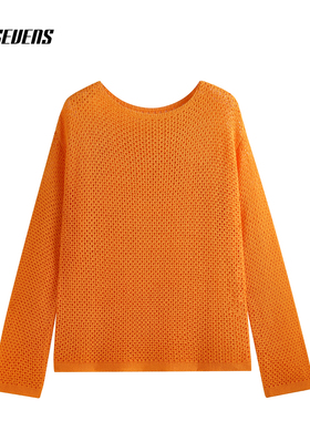 轻熟风橙色镂空针织罩衫女春夏季圆领宽松百搭透气长袖空调衫上衣