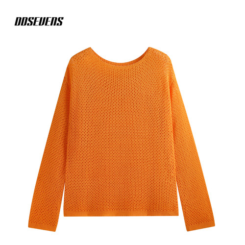 轻熟风橙色镂空显瘦透气针织罩衫