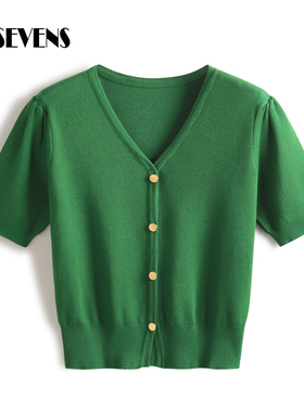 绿色V领短袖开衫女春夏季新款百搭修身短款针织衫金属扣韩版上衣