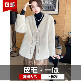 水貂新款 拜年服手工盤扣高檔皮草外套女皮毛一體V領(lǐng)寬松氣質(zhì)顯瘦