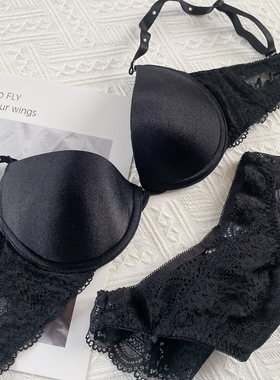 日系黑色性感光面内衣大胸显小上托防下垂文胸蕾丝内裤套装65D70C