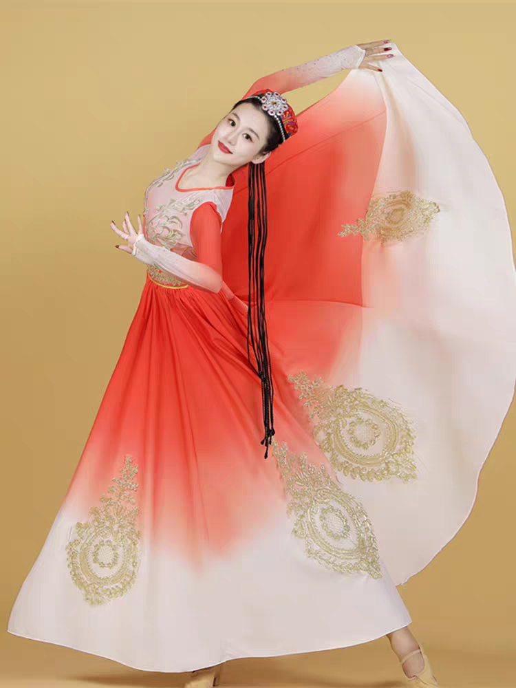 新疆舞蹈演出服新款成人女艺考民族大摆连衣裙维吾族舞蹈演出服装