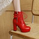 靴 马丁靴系带粗高跟厚底红色跳舞时尚 大码 甜美短靴女2021秋冬新款