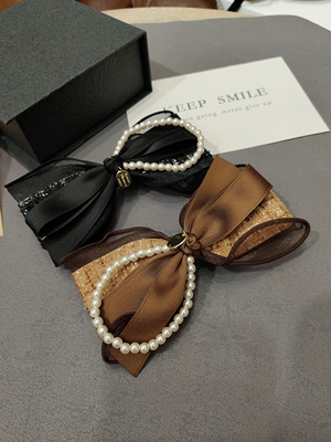 韩国东大门新款高品质气质珍珠欧根纱小香风发夹蝴蝶结弹簧夹顶夹