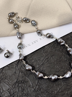 新款时尚百搭灰色异型珍珠项链耳环女毛衣链秋冬轻奢小众高级感