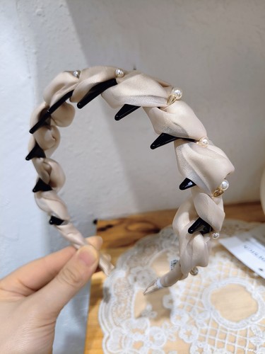 新波浪高颅顶气质珍珠水晶发箍带齿轮发卡日常显脸瘦头箍头饰防滑