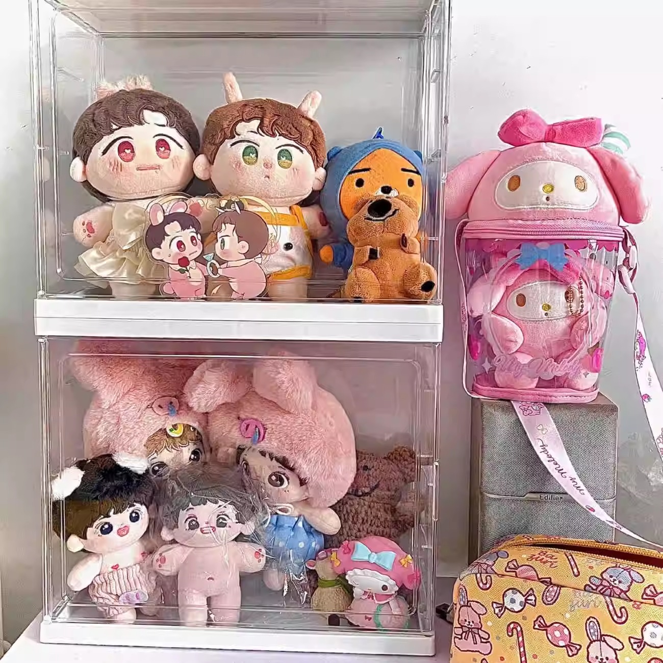 棉花娃娃收纳盒大容量玩偶公仔展示柜储藏防尘盒毛绒玩具透明20cm