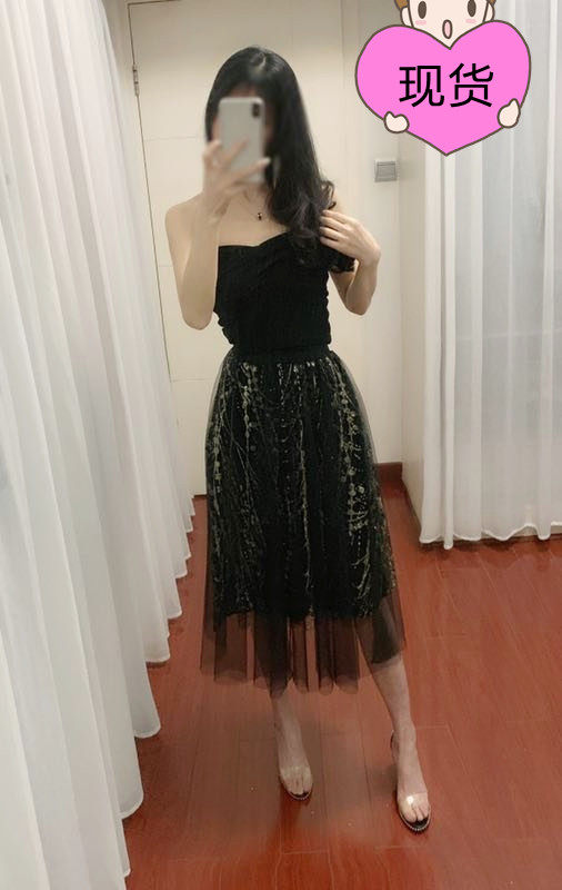 aluonlineshop 质感闪金亮片仙女裙中长裙春季高腰复古网纱半身裙