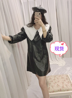 TWO2021秋季新款 蛋白质皮质感荷叶领长袖连衣裙女小众设计感短裙