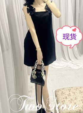 TWO女装2024夏季新款希腊古堡设计感名媛风黑色吊带连衣裙