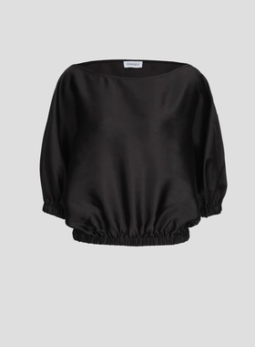 SSAVAGE“典藏黑胶”法式灯笼袖一字肩露肩缎面上衣SS90819