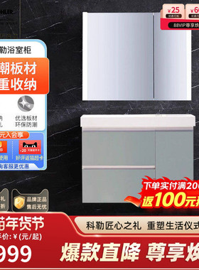 科勒90cm浅蓝色浴室柜现代简约落地式洗手洗脸盆柜洗漱台23786T