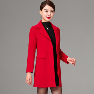 高端品质2023秋冬中年女士双面呢羊绒大衣妈妈大红色羊毛呢外套女