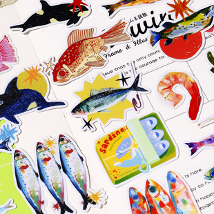 复古炫酷 饰贴画 鱼手帐贴纸可爱卡通Ins手机盐系防水手账日记装