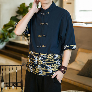 春夏新品风大码蝙蝠衫烫金拼色盘扣汉服唐装短袖衬衫D972P35