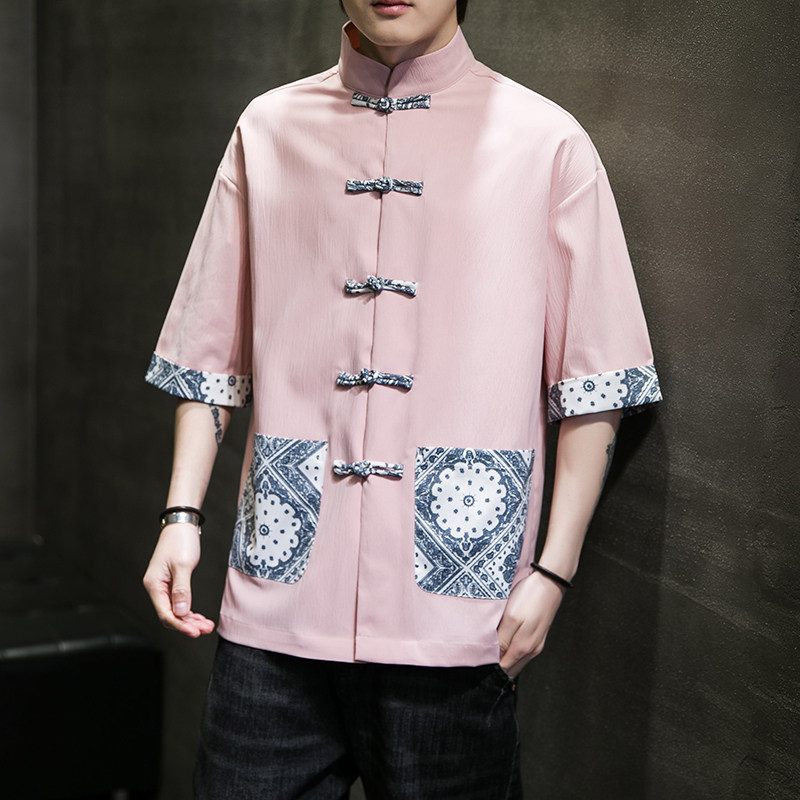 春夏新品微弹冰丝落肩袖汉服唐装盘扣短袖衬衫D971P35，男装T恤，星座305A（原312A-1）