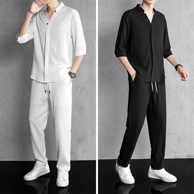 垂感爽滑风青年男士套装汉服唐装休闲两件套潮流 TZ201-P110图片