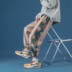 原创新品宽松男士大码贴布刺绣水洗拼色束脚潮休闲长裤 K98-P85，男装休闲裤，星座305A（原312A-1）