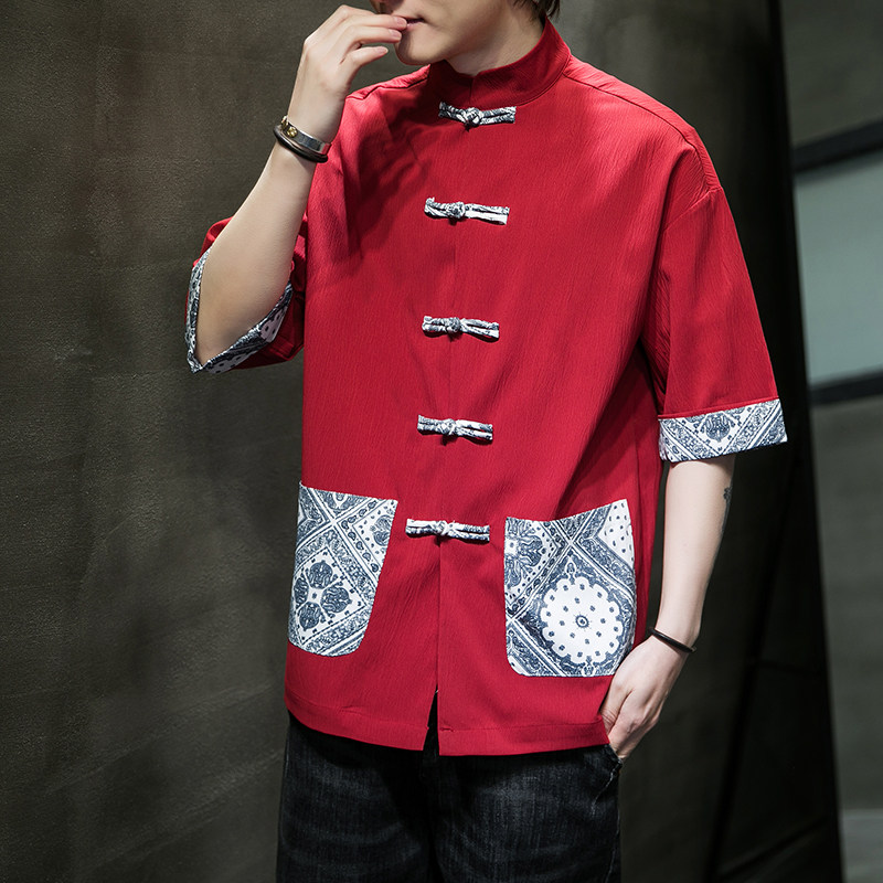 春夏新品微弹冰丝落肩袖汉服唐装盘扣短袖衬衫D971P35,男装T恤,星座305A（原312A-1）
