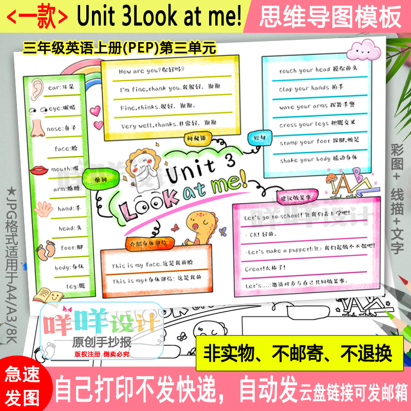 人教版小学英语三年级上第三单元知识总结思维导图线描手抄报模板