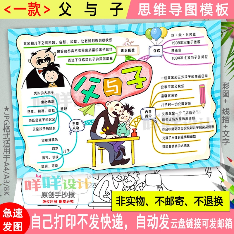 父与子思维导图黑白线描涂色空白小学生课外阅读a4a38k手抄报模板
