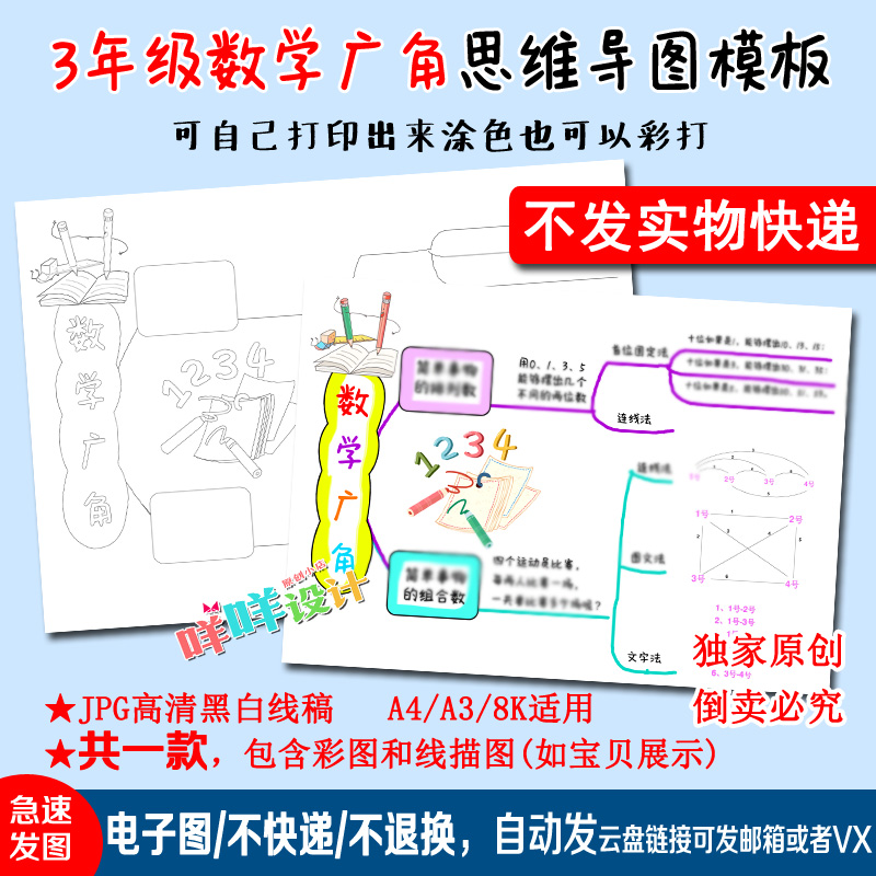 人教版小学数学三年级下册数学广角思维导图报线描涂色手抄报模板