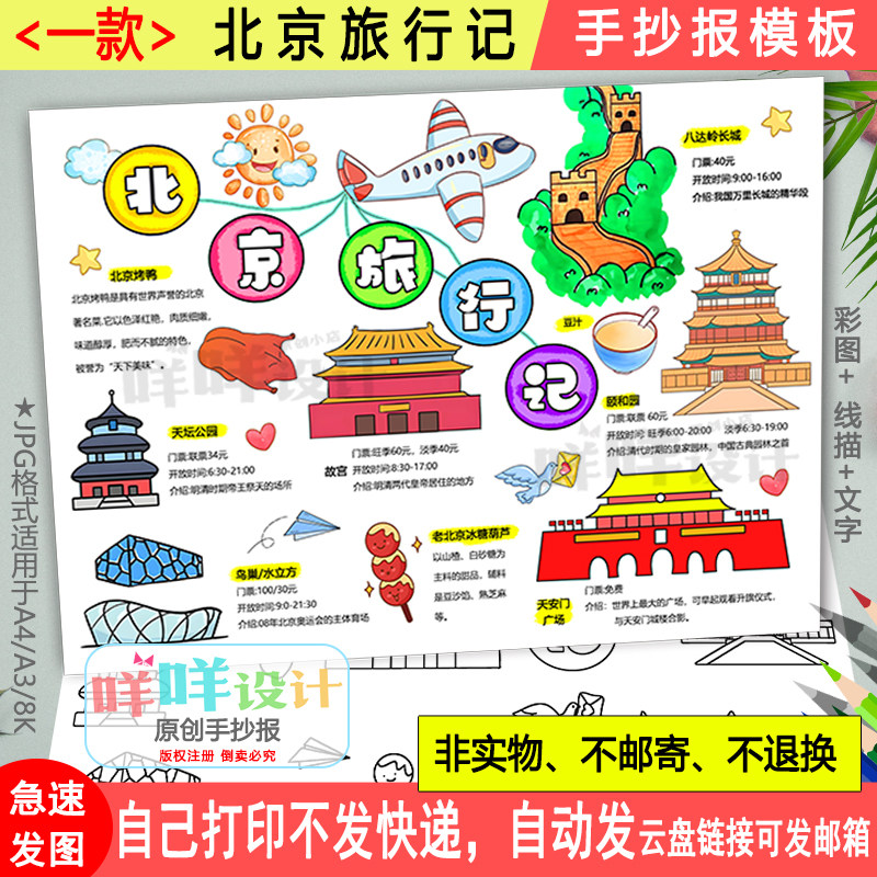 北京旅行记手抄报黑白线描涂色空白北京名胜古迹路线研学小报模板