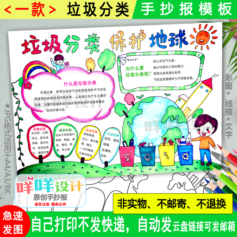 垃圾分类保护地球手抄报黑白线描涂色空白小学生环保小报A48K模板