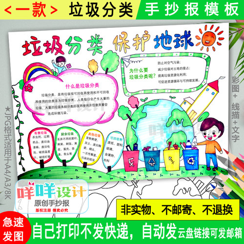 垃圾分类保护地球手抄报黑白线描涂色空白小学生环保小报A48K模板