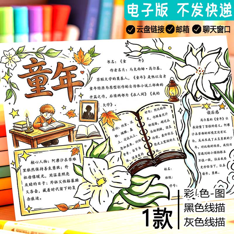 高尔基童年手抄报描线涂色空白六年级快乐读书吧课外阅读小报模板