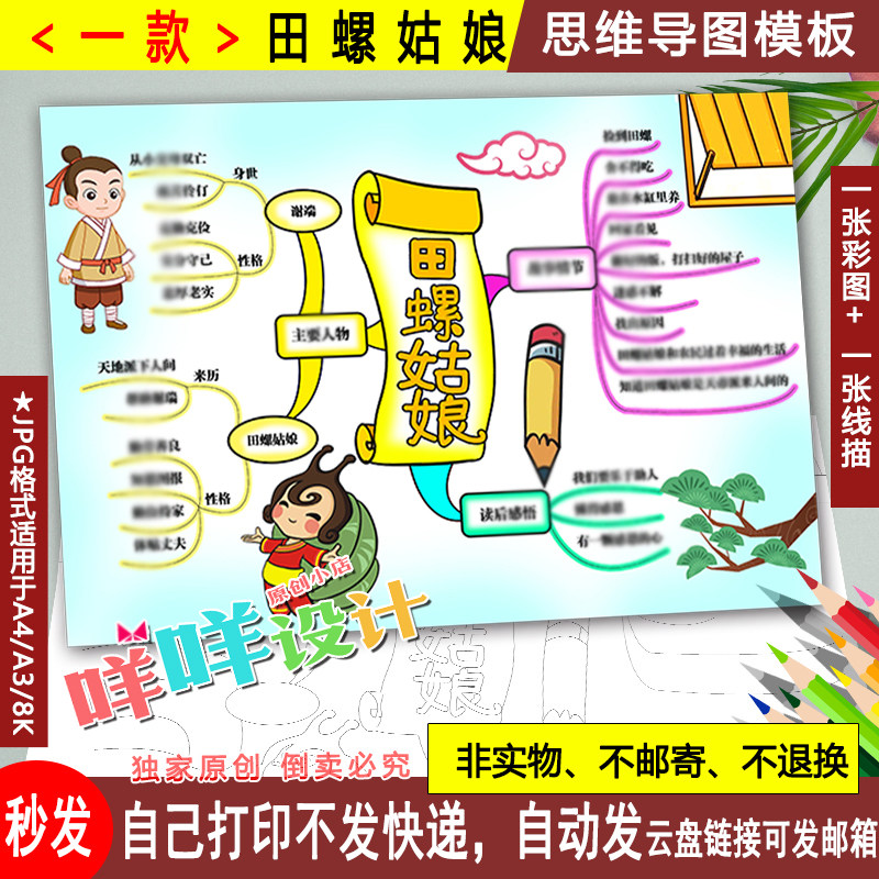 中国民间神话传说田螺姑娘思维导图黑白线描涂色a43/8k手抄报模板