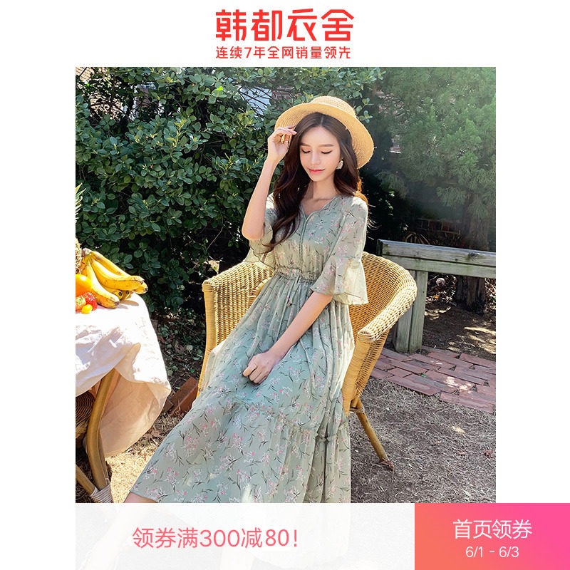 韩都衣舍2020女装夏装新款超仙森系雪纺气质碎花仙女短袖连衣裙焕