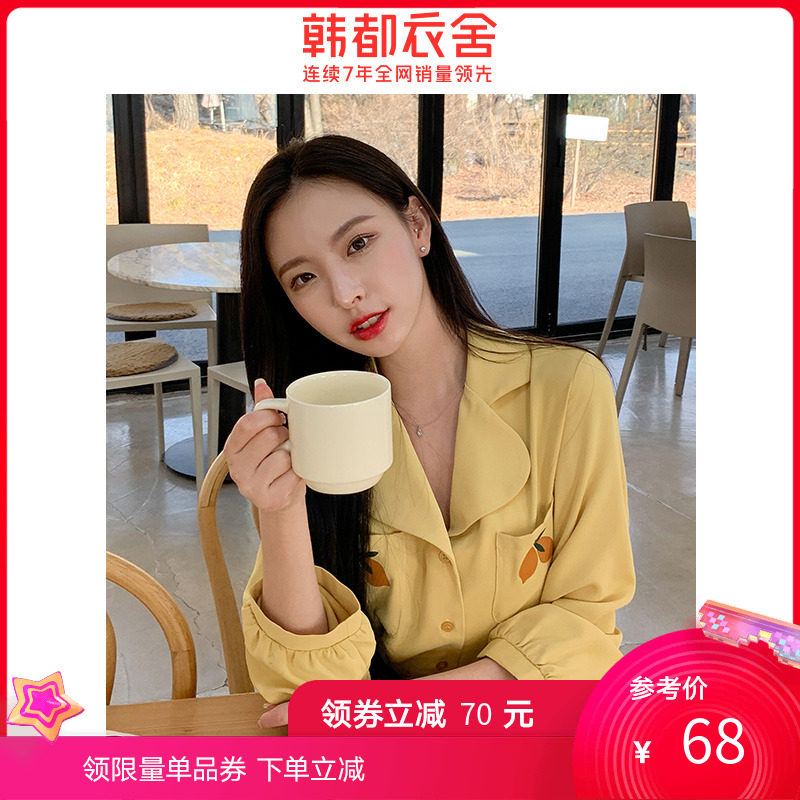 韩都衣舍2020韩版女装秋装新款学生休闲黄色宽松印花女士衬衫仙女