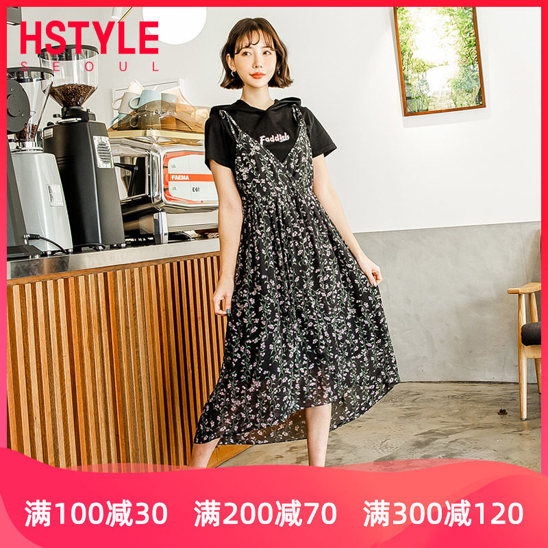 韩都衣舍2020新款女装夏装韩版碎花仙女雪纺假两件小个子连衣裙