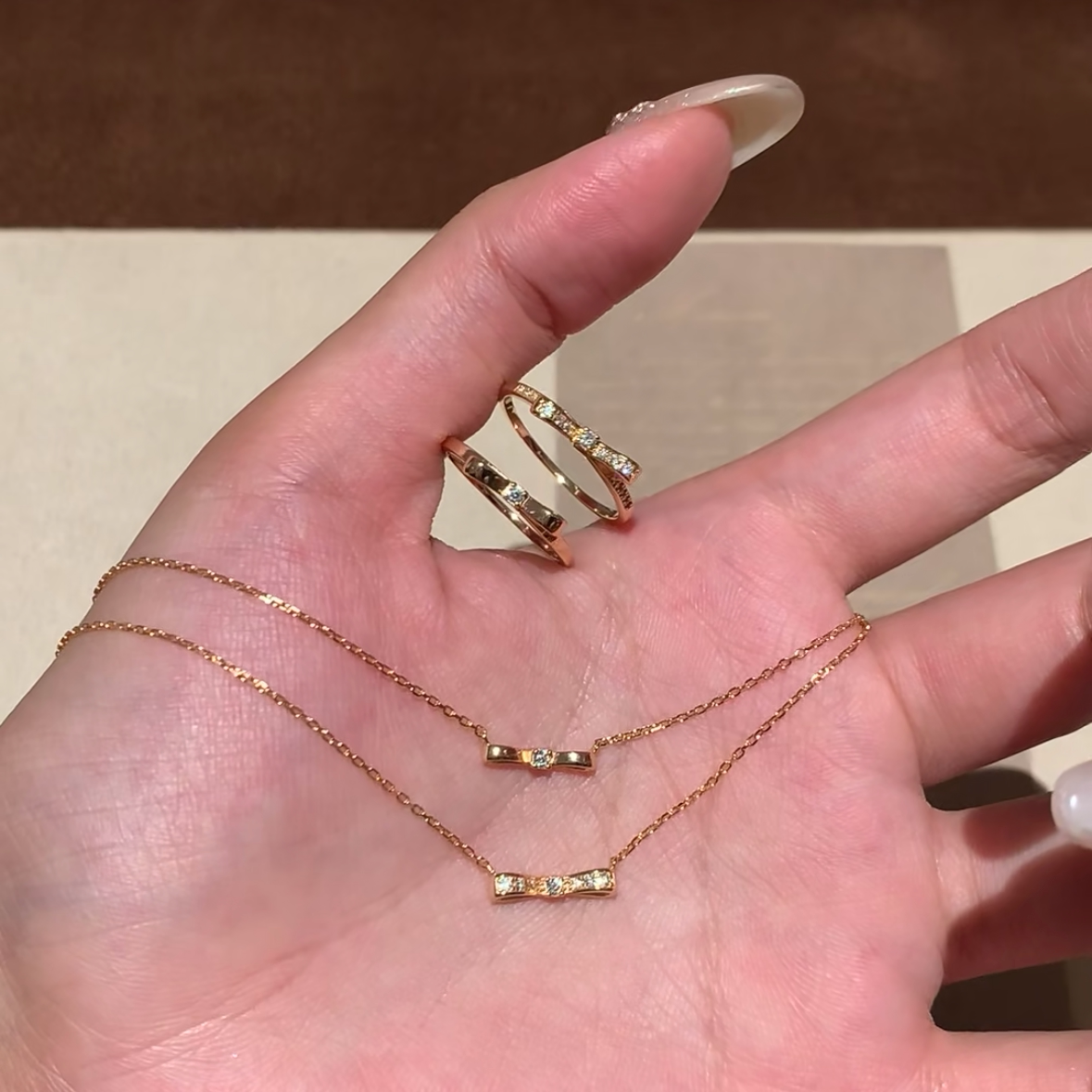 日系 925银镀金蝴蝶结项链女轻奢小众精致简约镶钻高级感戒指礼物