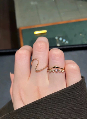 回馈款 丝带 极简nojes*锁链交叉曲线波浪925银镀金戒指个性百搭