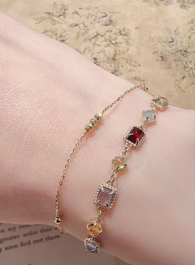 回馈款 日系A家冬季限定感彩色水晶方形手链s925银镀金礼物女精致