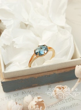 日系复古宫廷个性极简天然蓝色托帕石均码活口戒指环纯银925镀金