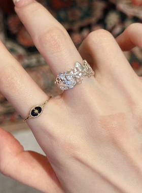 回馈款日系设计感镂空蕾丝羽毛镶钻开口戒指s925银镀金礼物女精致