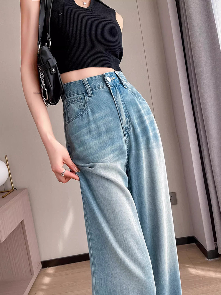 TENCEL STRAIGHT LEG JEANS WOMENS SUMMER THIN 2024 NEW PANTS PLUS SIZE FAT MM THIN ICE SILK WIDE-LEG PANTS
