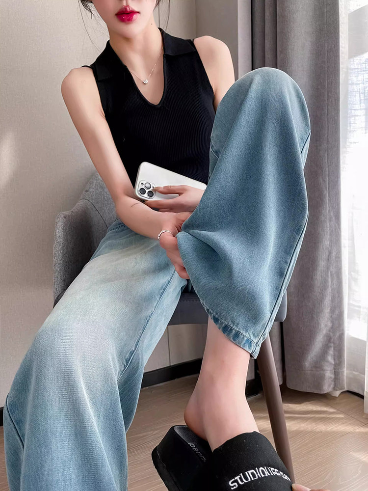 TENCEL STRAIGHT LEG JEANS WOMENS SUMMER THIN 2024 NEW PANTS PLUS SIZE FAT MM THIN ICE SILK WIDE-LEG PANTS