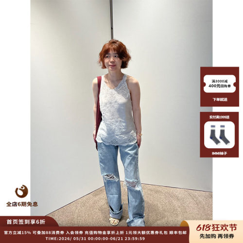 ETHOR浅蓝色做旧破洞牛仔裤